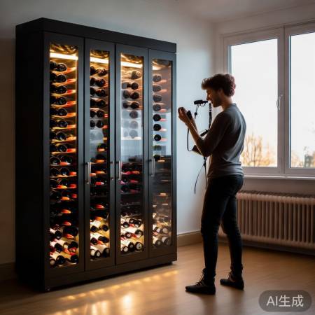 红酒柜前拍,自然光,笑容展品味