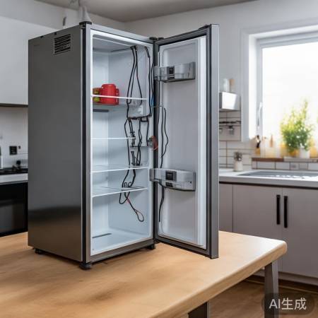 拆卸冰箱门板，小心线路。